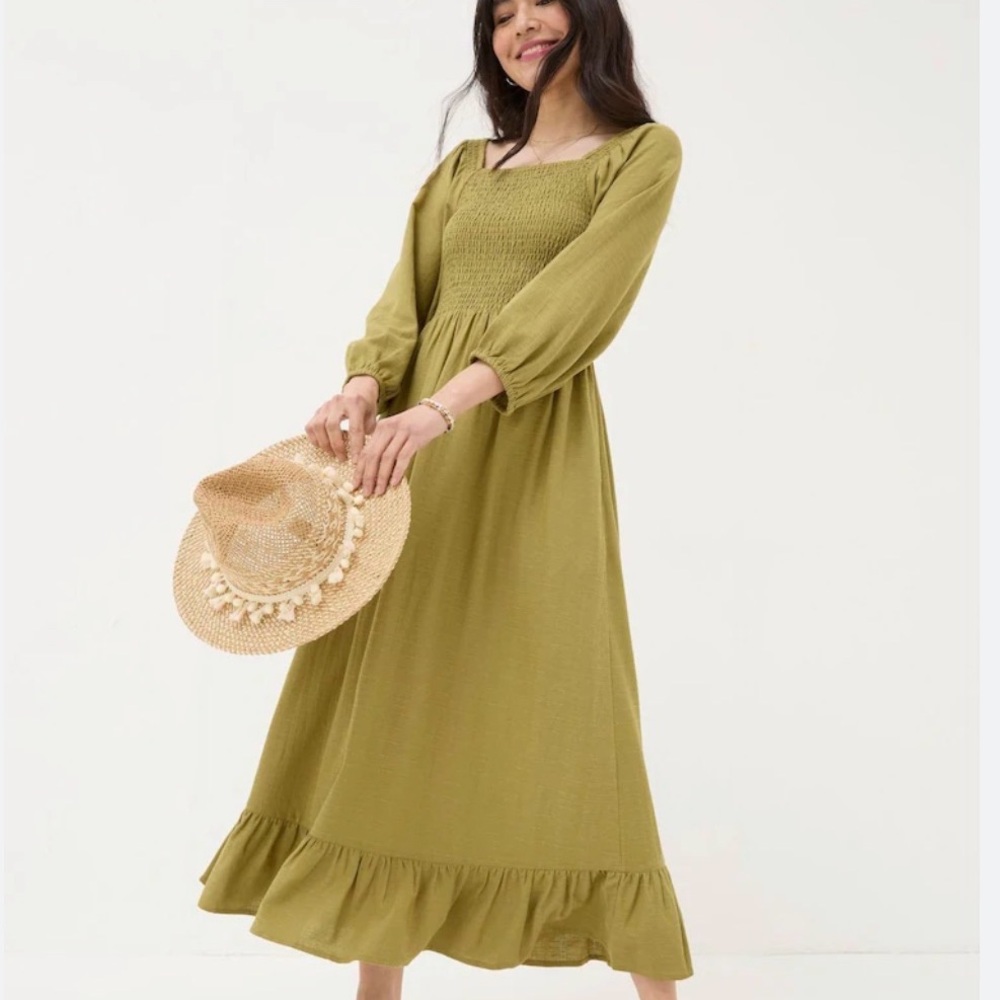 Fat Face Olive Green Midi Dress with Ruffle Hem